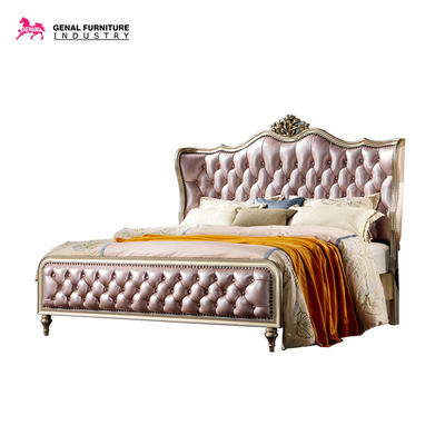 Restlay Luxury Classic Champagne Silver Solid Wood Frame With Pink Leather Covered Headboard And Footboard