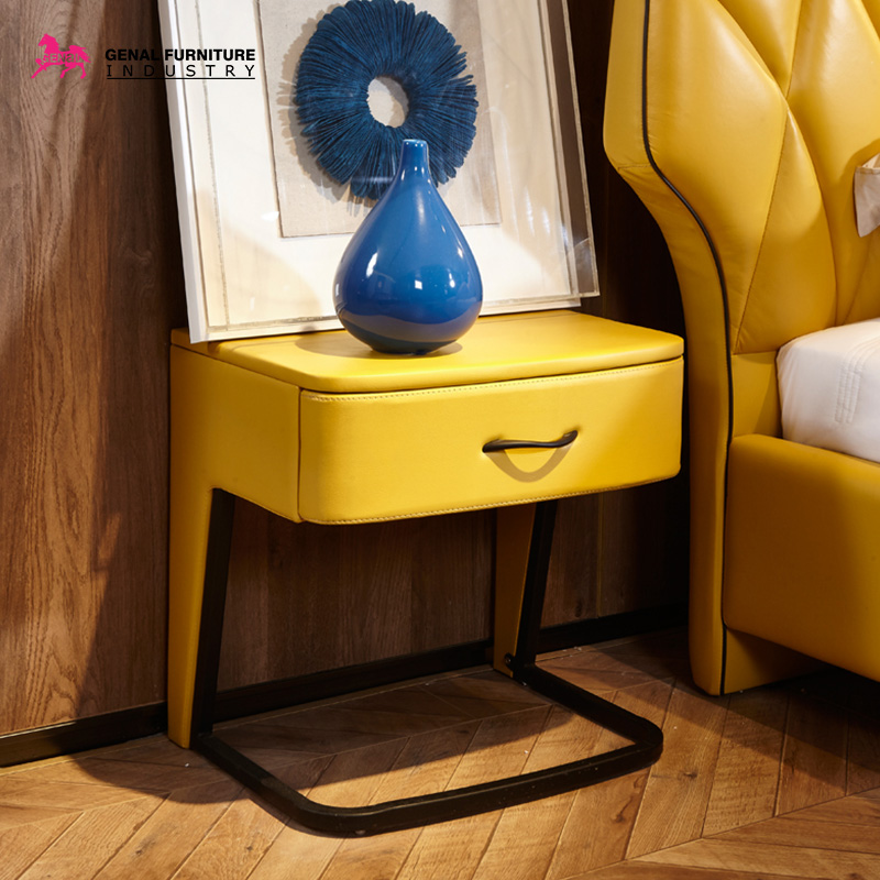 Nightstand End Ttable Yellow Faux Leather Cover With One Drawer, Black Metal Leg